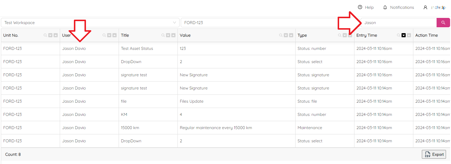 Asset Change Log Search