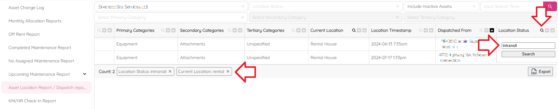 Asset Location Report Filter