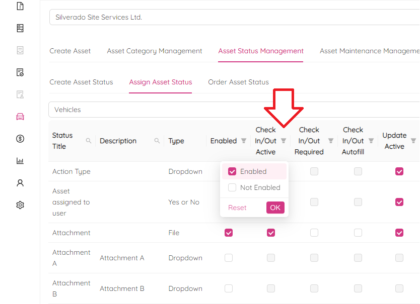 Assign Asset Status Filter