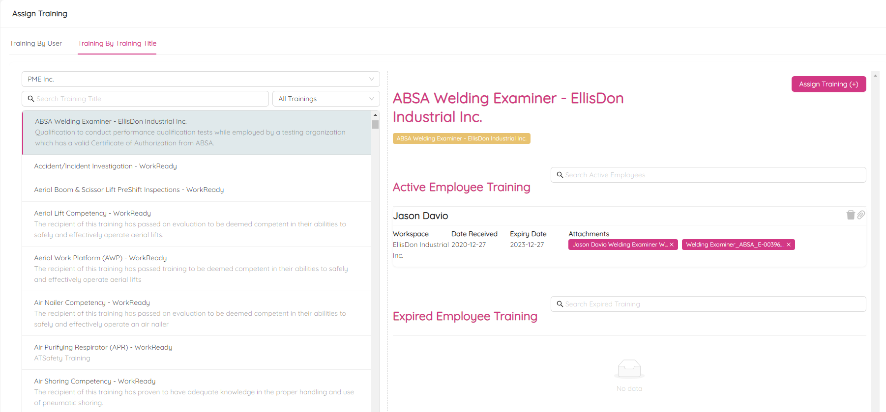 Assign Training By Training Page