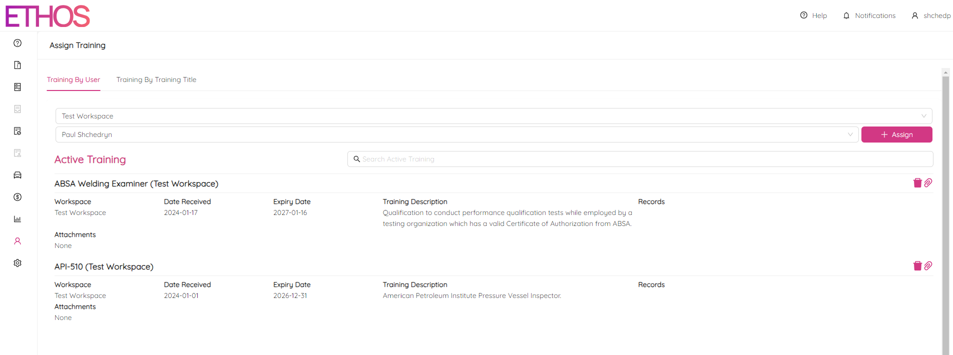 Assign Training By User Page