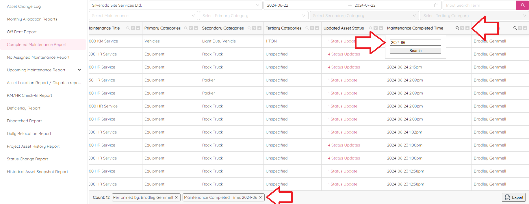 Completed Maintenance Reports Filter