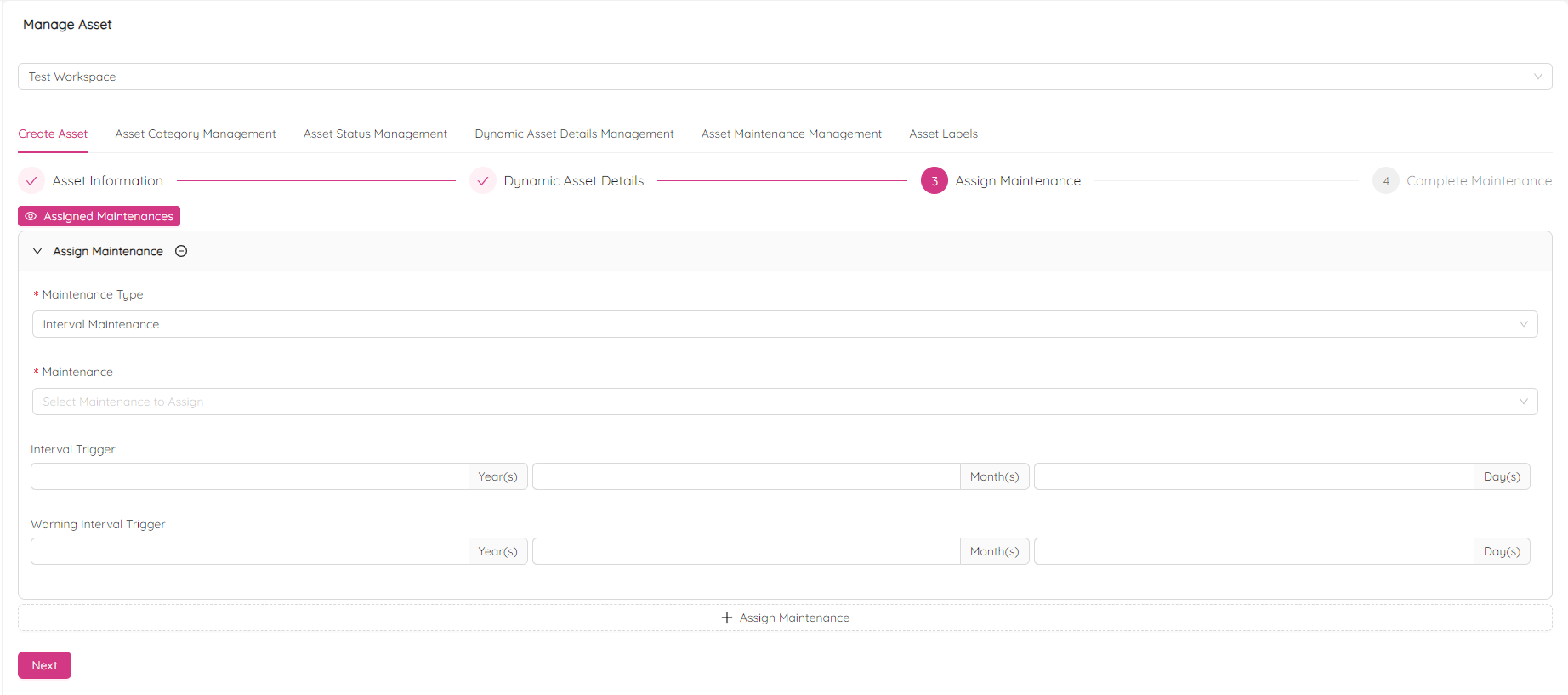 Create Asset Assign Maintenance