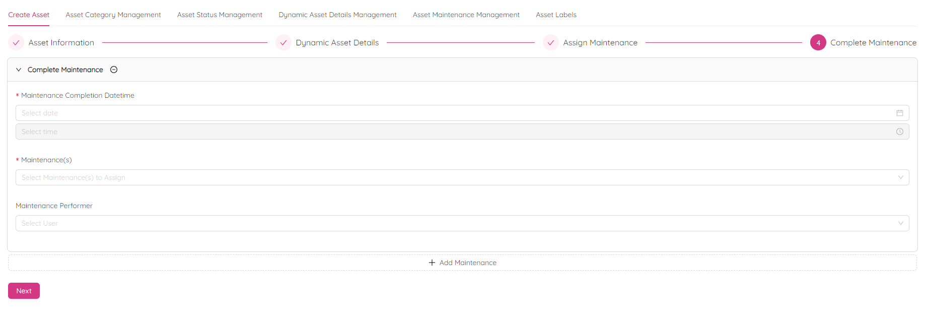 Create Asset Complete Maintenance