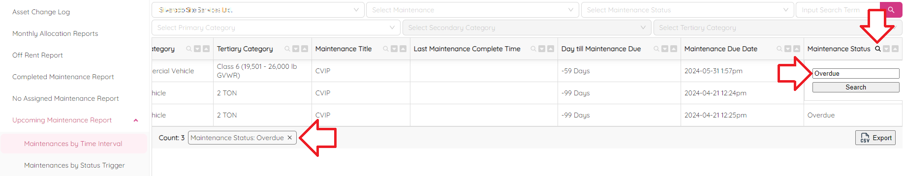 Maintenances by Time Interval Filter