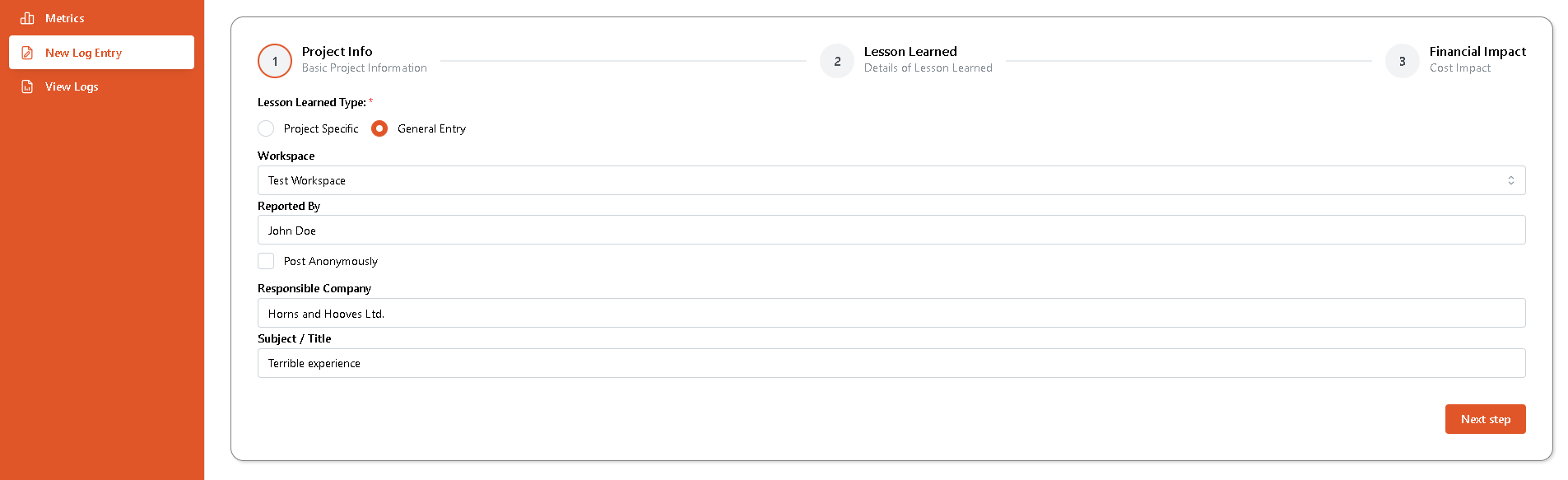 New Entry Project Info