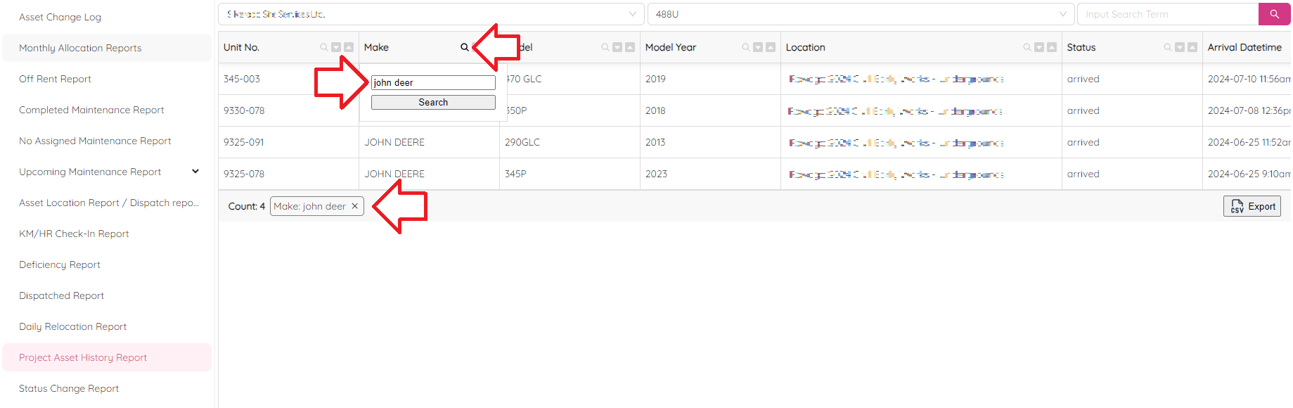 Project Asset History Report Filters
