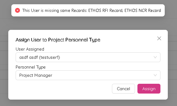 Project Personnels Assign User Fail
