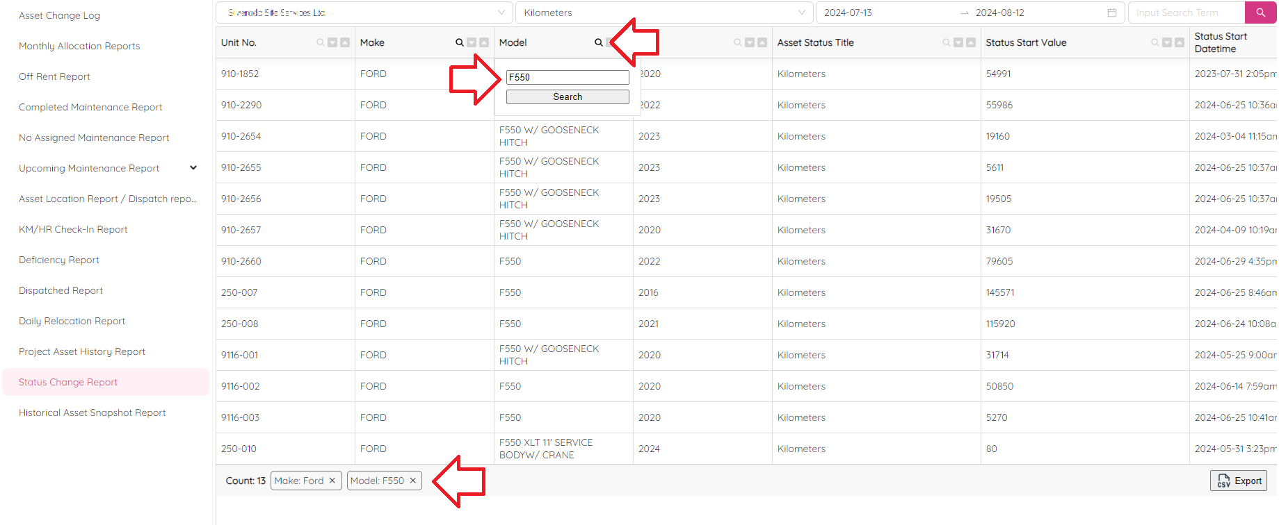 Status Change Report Filter