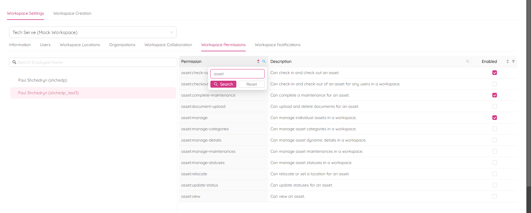 Workspace Settings Permissions Filter