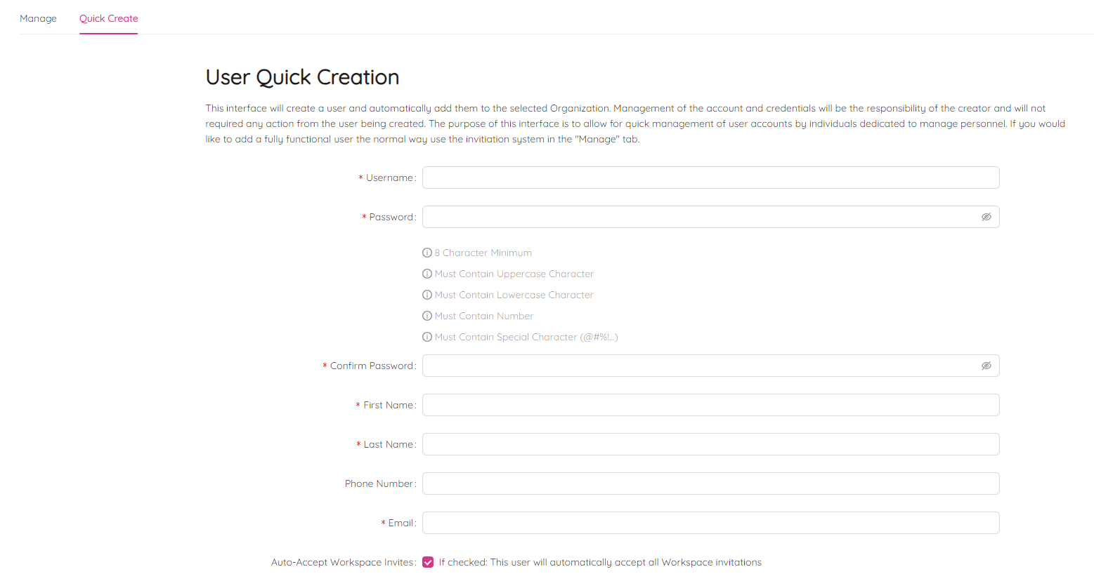 Workspace Settings Users Quick Create